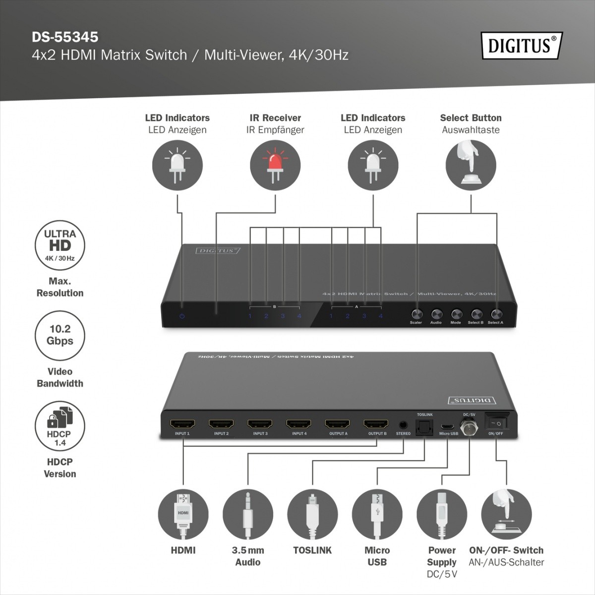 HDMI preklopnik/matrika Digitus 4/2, 4K/30Hz, z avdio izhodom in daljinskim upravljalnikom 7