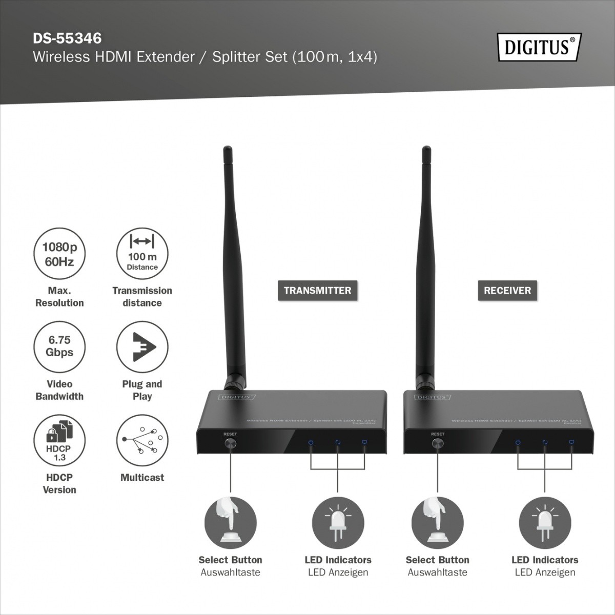 Brezžični HDMI extender/razdelilnik Digitus 100m, 1080p/60Hz FHD, 5GHz (komplet) 5