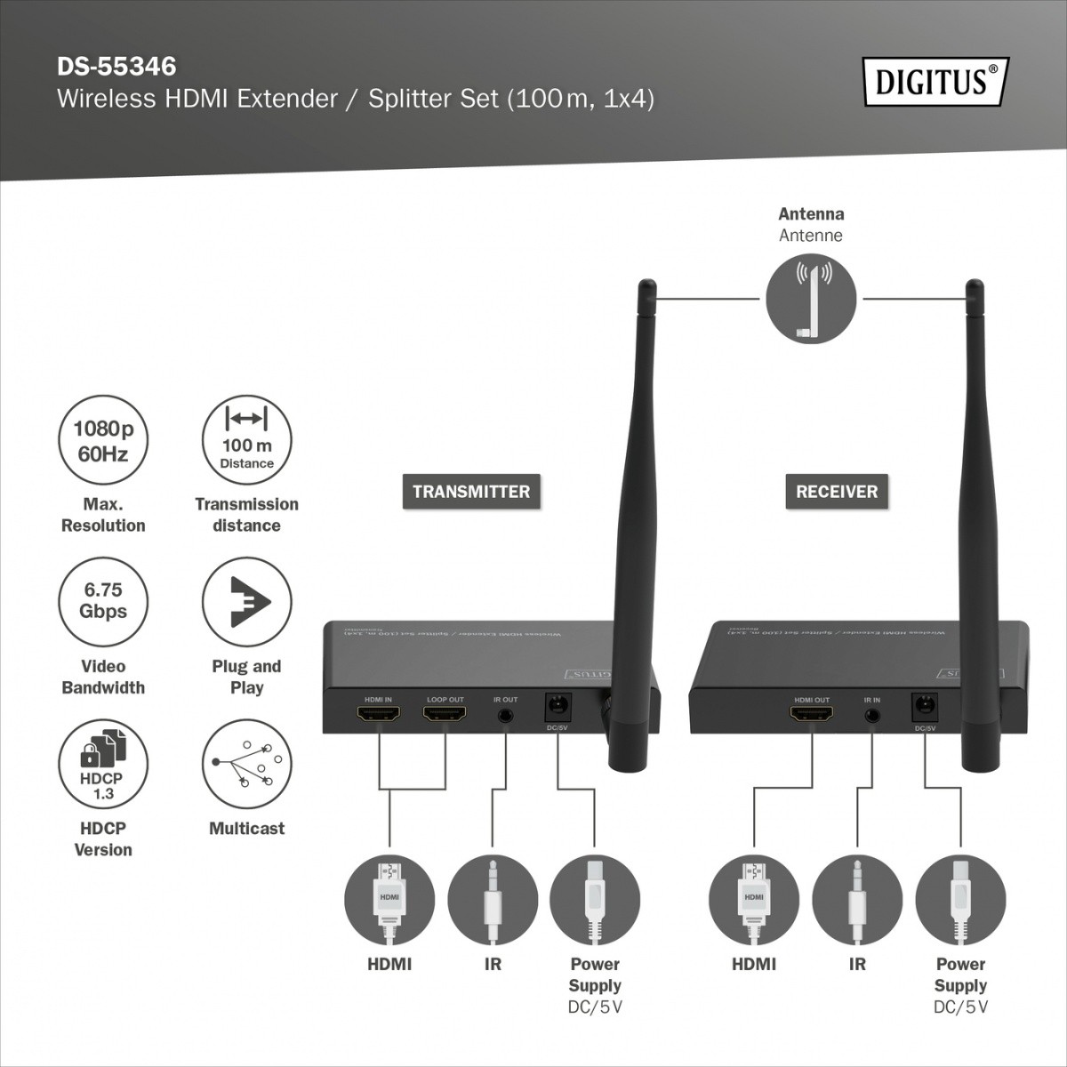 Brezžični HDMI extender/razdelilnik Digitus 100m, 1080p/60Hz FHD, 5GHz (komplet) 6