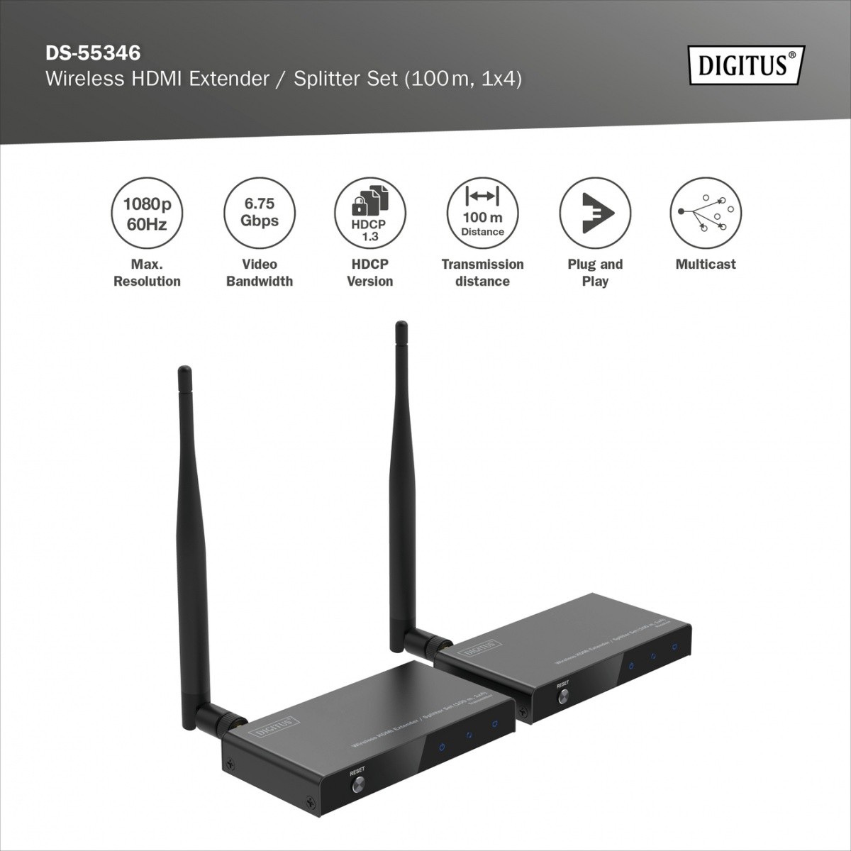 Brezžični HDMI extender/razdelilnik Digitus 100m, 1080p/60Hz FHD, 5GHz (komplet) 8