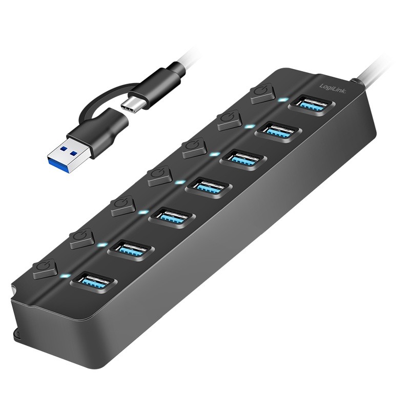USB Hub 3.2 Gen1, 7xUSB-A, s stikali