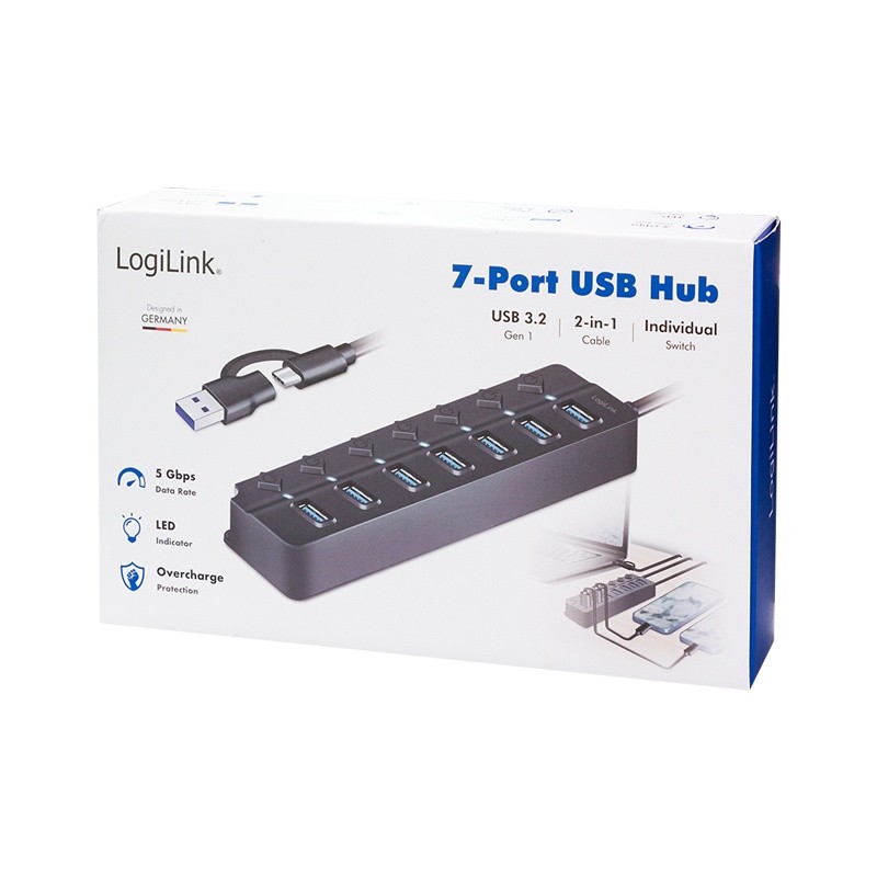 USB Hub 3.2 Gen1, 7xUSB-A, s stikali 7