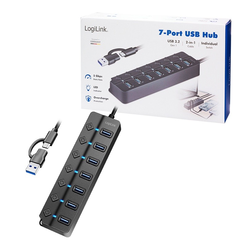 USB Hub 3.2 Gen1, 7xUSB-A, s stikali 8