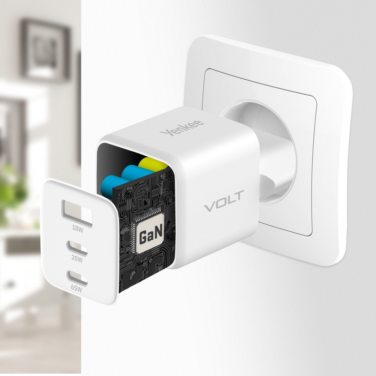 Stenski polnilnik 3xUSB 65W, PD 3.0, QC 4.0 2