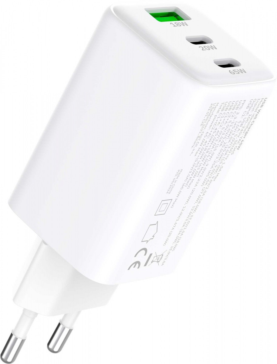 Stenski polnilnik 3xUSB 65W, PD 3.0, QC 4.0 3