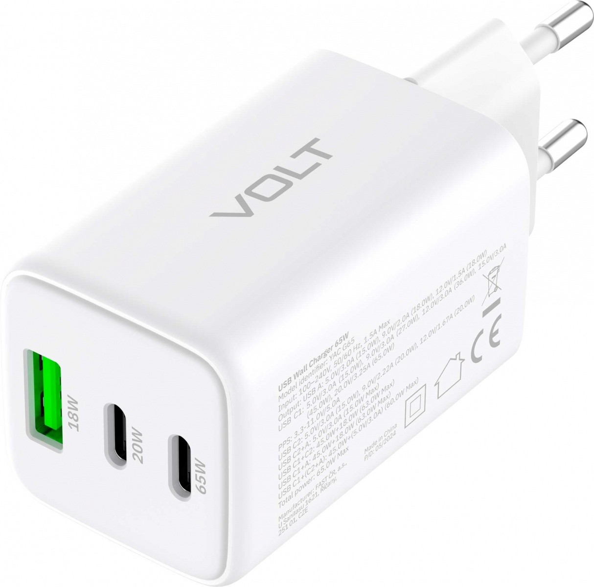Stenski polnilnik 3xUSB 65W, PD 3.0, QC 4.0 5