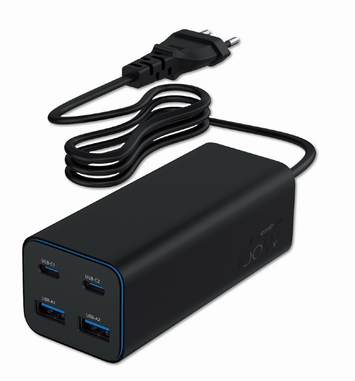 Univerzalni polnilnik Gembird GaN 100W, 2x USB-A, 2x USB-C, črn
