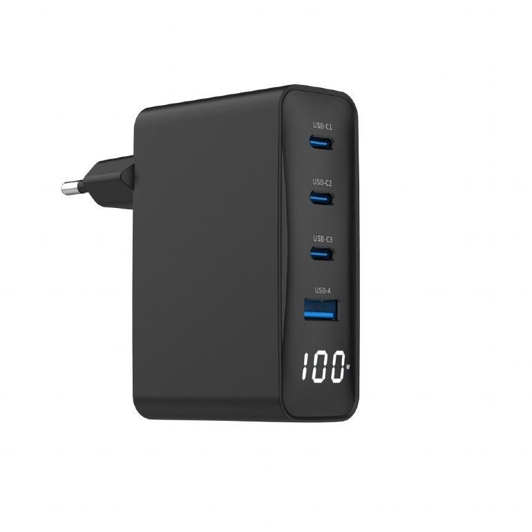 Univerzalni polnilnik 100W GaN, 1xUSB-A, 3xUSB-C, LCD, črn