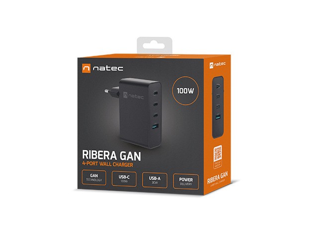 Napajalnik Ribera GAN 100W, 3xUSB-C + 1x USB-A, črn 7