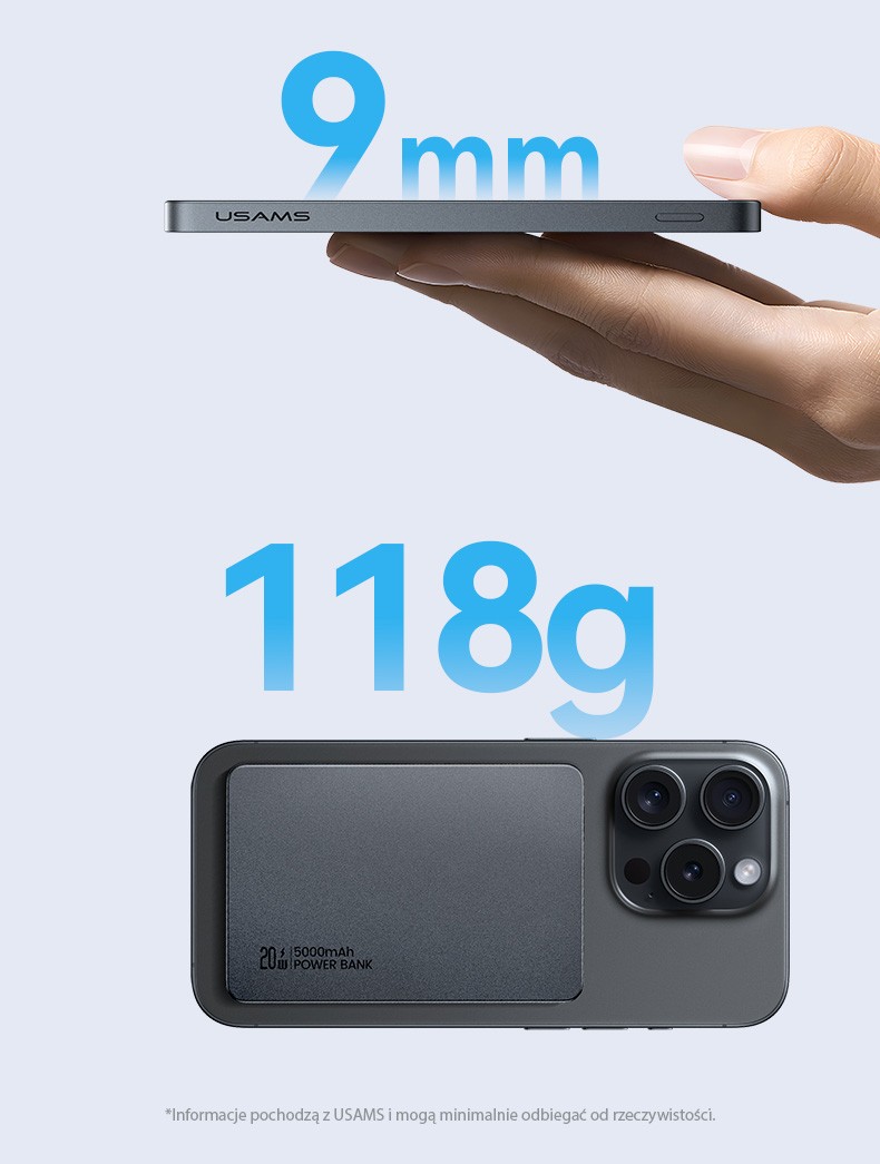 Powerbank 5000mAh 20W, induktivni MagSafe, PD Fast Charge, siv 4