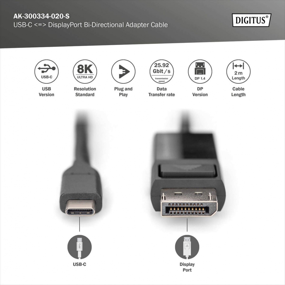 Adapter USB-C / DisplayPort dvosmerni, 8K/30Hz, 2m 3