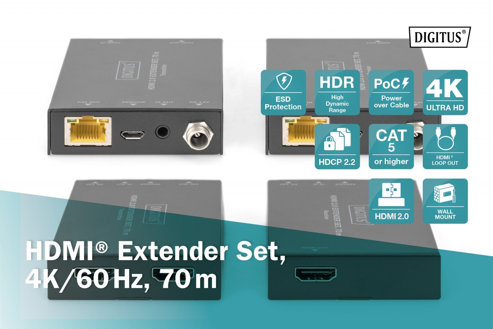 Razširjevalec HDMI 70m preko omrežnega kabla, 4K/60Hz, PoC (zasebni) 8