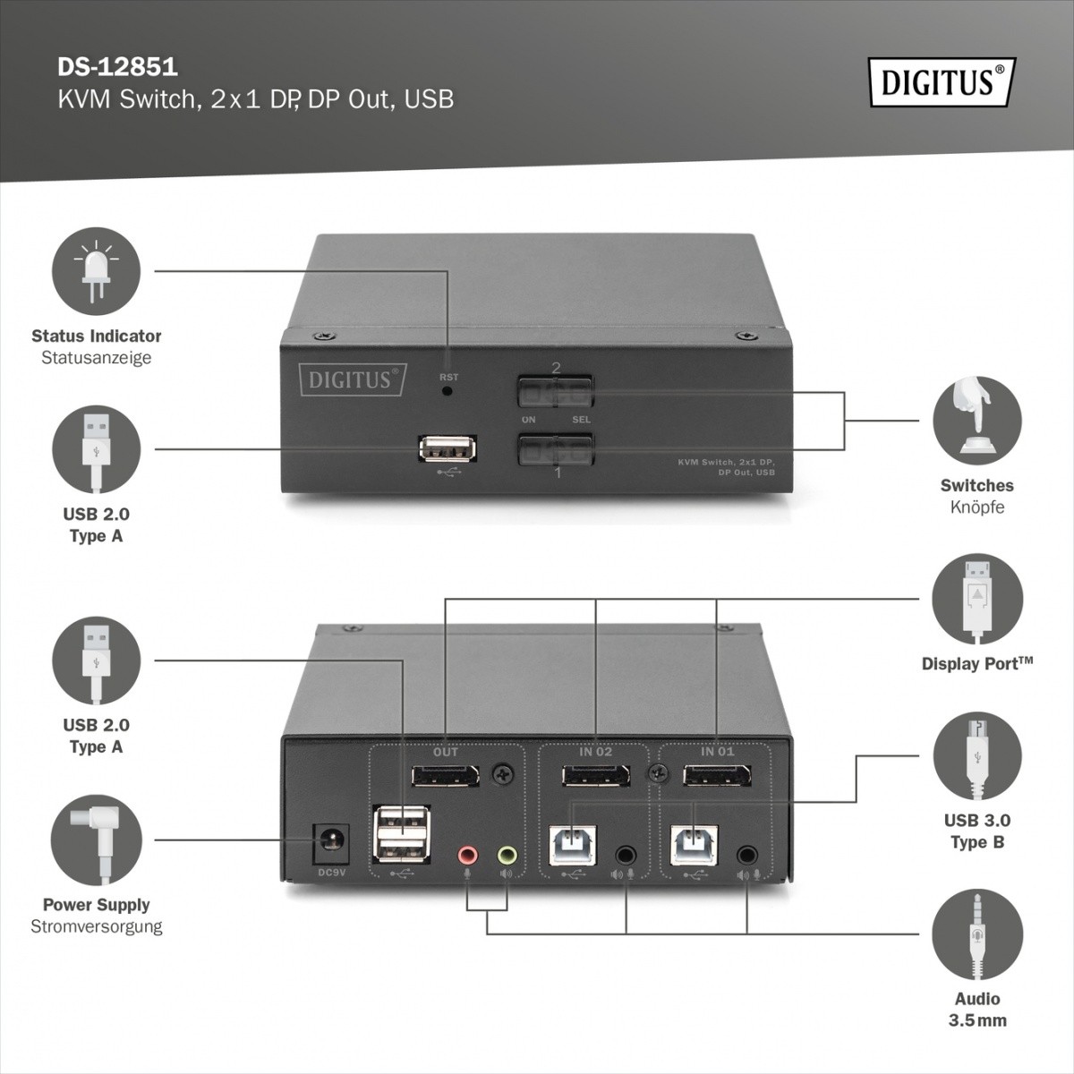 Preklopnik Digitus KVM, 2-portni, 4K 60Hz, USB/Audio 4