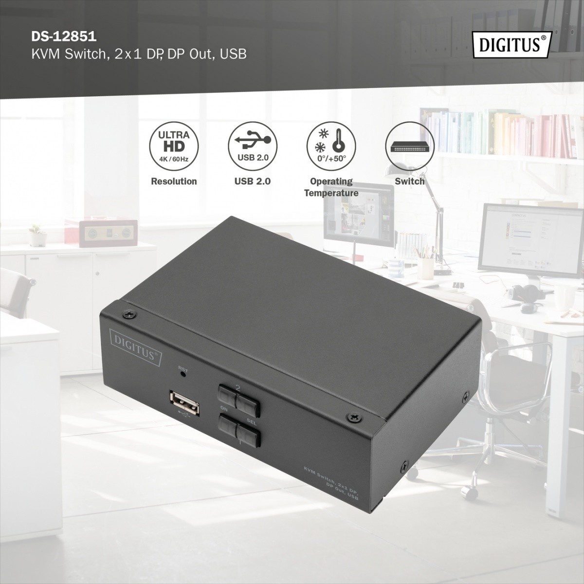 Preklopnik Digitus KVM, 2-portni, 4K 60Hz, USB/Audio 6
