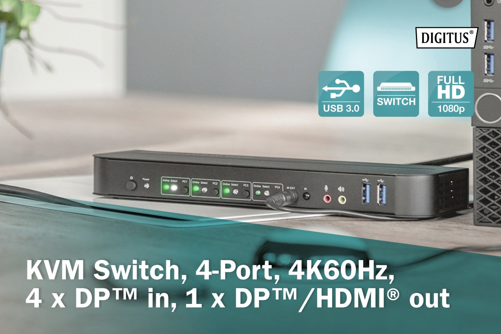KVM stikalo 4-portno, 4K/60Hz, 4x DP IN, 1x HDMI OUT 5