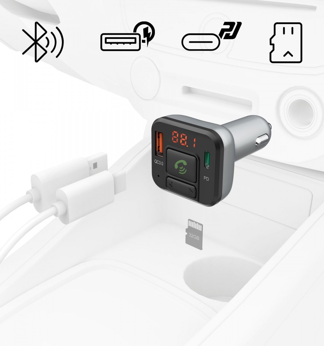 Hama FM oddajnik z Bluetooth in 20W polnilcem, USB-C PD 2