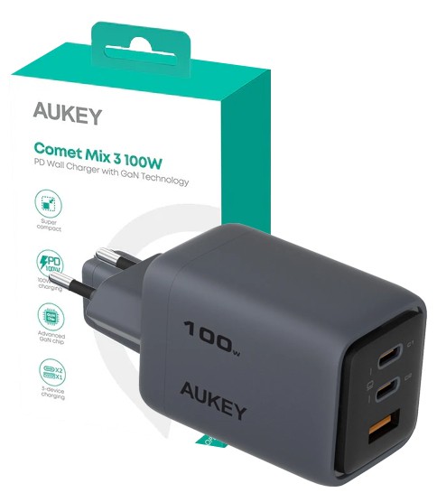 Omrežni polnilnik AUKEY PA-C5, 3xUSB (2xUSB-C, 1xUSB-A) 100W