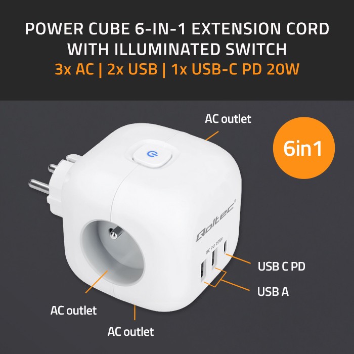 Podaljšek 6v1 z USB, USB-C PD 20W, bel 2