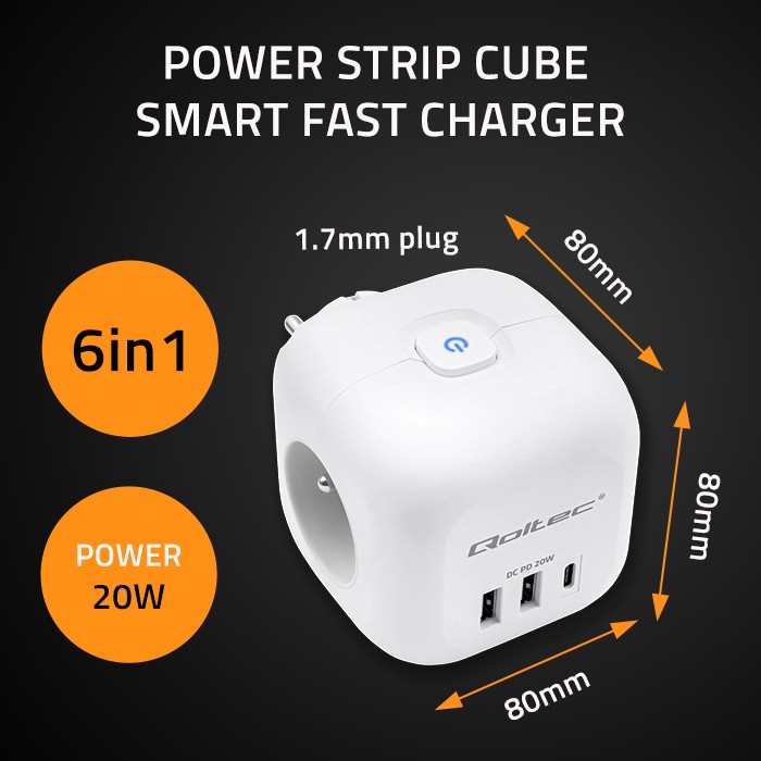 Podaljšek 6v1 z USB, USB-C PD 20W, bel 6