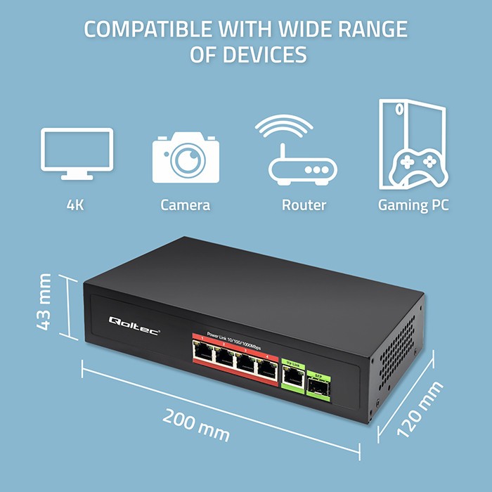 Mrežni preklopnik Fast Ethernet PoE, 4x RJ45 PoE + 1x RJ45 Uplink + 1x SFP 2