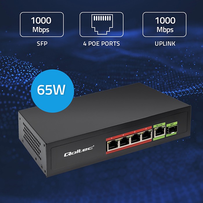 Mrežni preklopnik Fast Ethernet PoE, 4x RJ45 PoE + 1x RJ45 Uplink + 1x SFP 3
