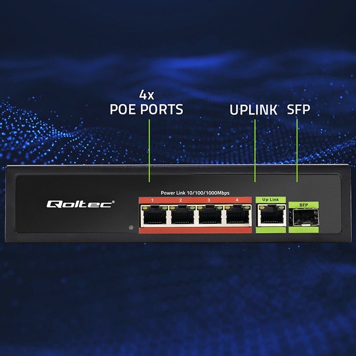 Mrežni preklopnik Fast Ethernet PoE, 4x RJ45 PoE + 1x RJ45 Uplink + 1x SFP 6