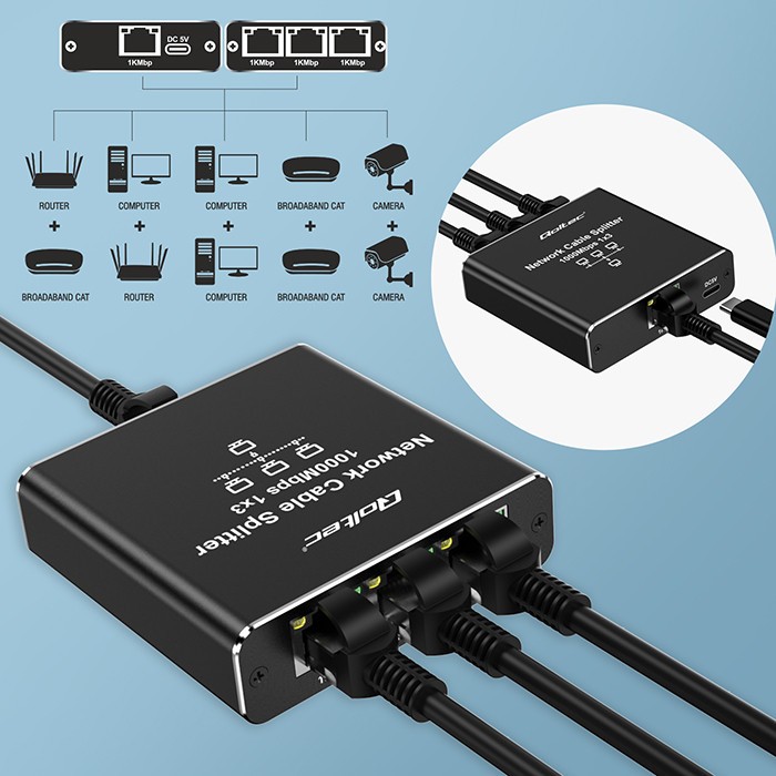 Mini Ethernet stikalo, 1x3 RJ45, 1000Mb/s, USB-C, aluminijasto ohišje 7