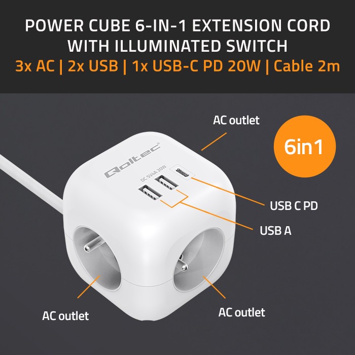 Napajalni razdelilnik 6v1 s svetlečim stikalom | 3x AC | 2x USB | 1x USB-C PD 20W | bela | kabel 2m 2