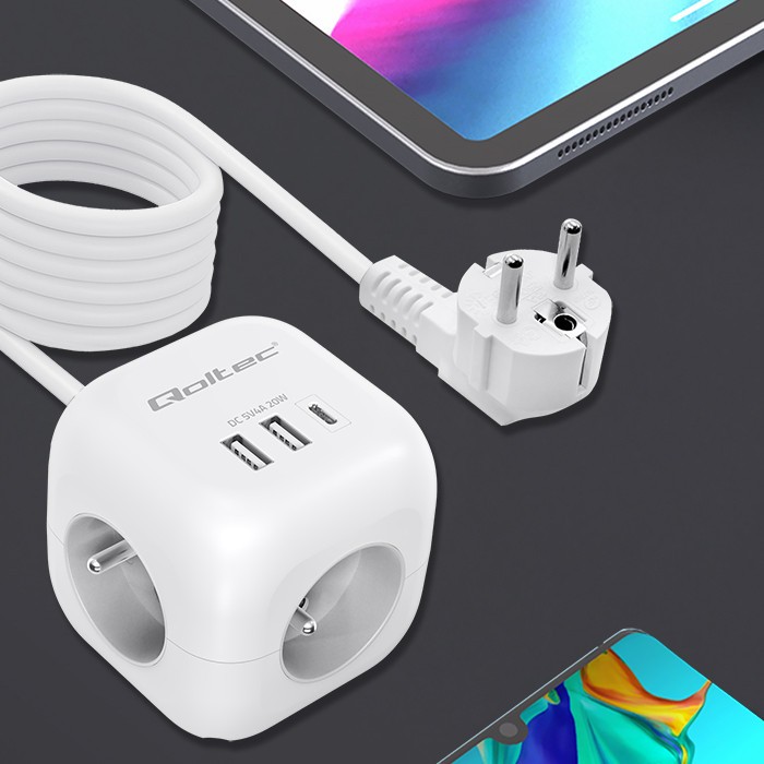 Napajalni razdelilnik 6v1 s svetlečim stikalom | 3x AC | 2x USB | 1x USB-C PD 20W | bela | kabel 2m 4