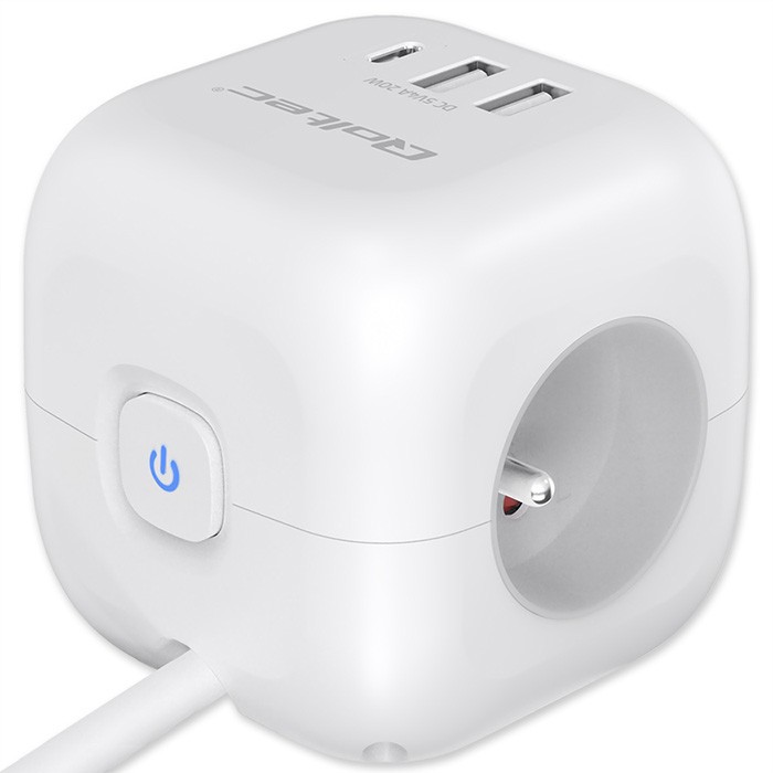 Napajalni razdelilnik 6v1 s svetlečim stikalom | 3x AC | 2x USB | 1x USB-C PD 20W | bela | kabel 2m 5
