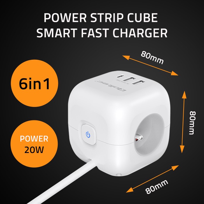 Napajalni razdelilnik 6v1 s svetlečim stikalom | 3x AC | 2x USB | 1x USB-C PD 20W | bela | kabel 2m 6