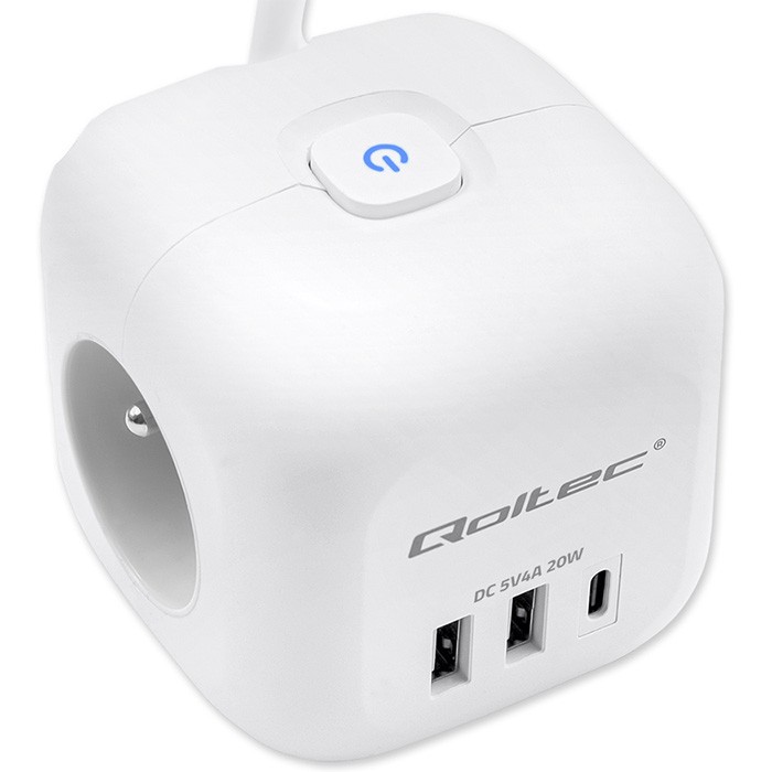 Napajalni razdelilnik 6v1 s svetlečim stikalom | 3x AC | 2x USB | 1x USB-C PD 20W | bela | kabel 2m 7