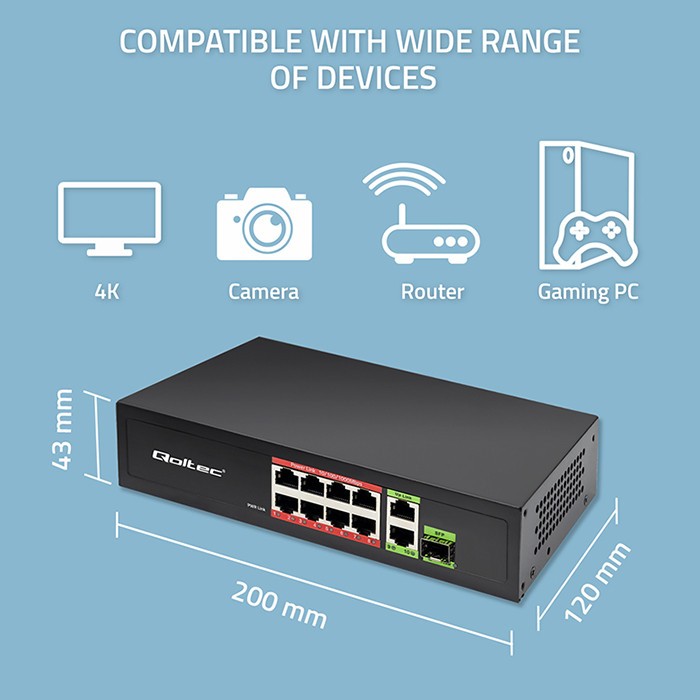 Omrežni preklopnik 8x RJ45 PoE, 2x RJ45 Uplink, 1x SFP | 120W | 1000Mb/s 2