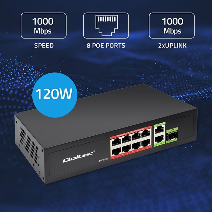 Omrežni preklopnik 8x RJ45 PoE, 2x RJ45 Uplink, 1x SFP | 120W | 1000Mb/s 3