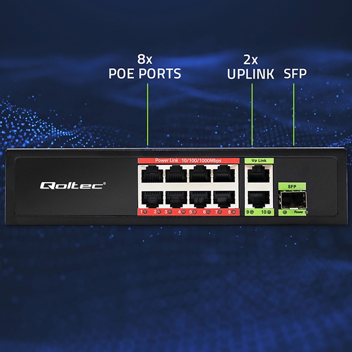 Omrežni preklopnik 8x RJ45 PoE, 2x RJ45 Uplink, 1x SFP | 120W | 1000Mb/s 6