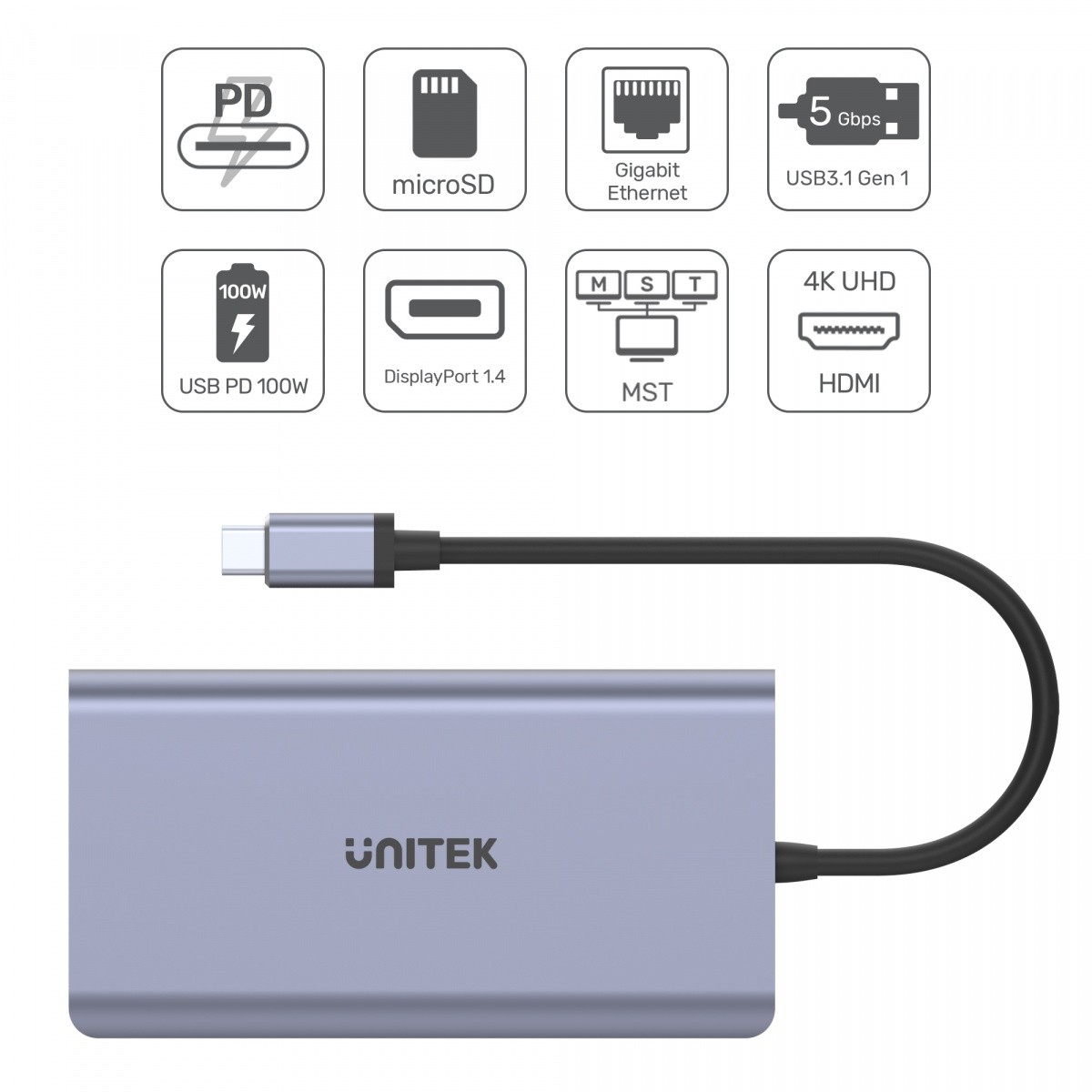 USB-C HUB z 2x USB 3.1, HDMI 2.0, DP 1.4, RJ45, SD, PD 100W 3