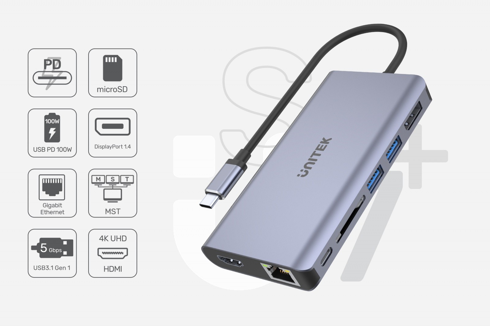 USB-C HUB z 2x USB 3.1, HDMI 2.0, DP 1.4, RJ45, SD, PD 100W 5