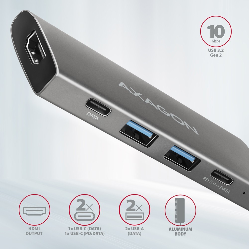 AXAGON HMC-5G21 USB-C hub, 5v1, 10Gbps, 2x USB-A, 2x USB-C, HDMI 4K, PD 60W 2