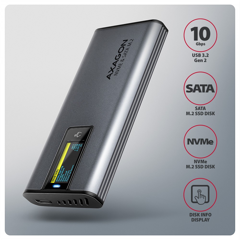 Zunanji M.2 NVMe/SATA SSD disk Enclosure z LED, Alu, USB 3.2 Gen2, Srebrna 2