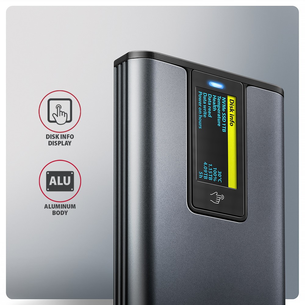 Zunanji M.2 NVMe/SATA SSD disk Enclosure z LED, Alu, USB 3.2 Gen2, Srebrna 3