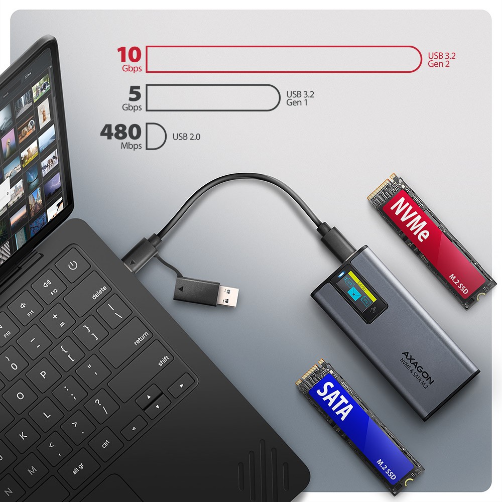 Zunanji M.2 NVMe/SATA SSD disk Enclosure z LED, Alu, USB 3.2 Gen2, Srebrna 8
