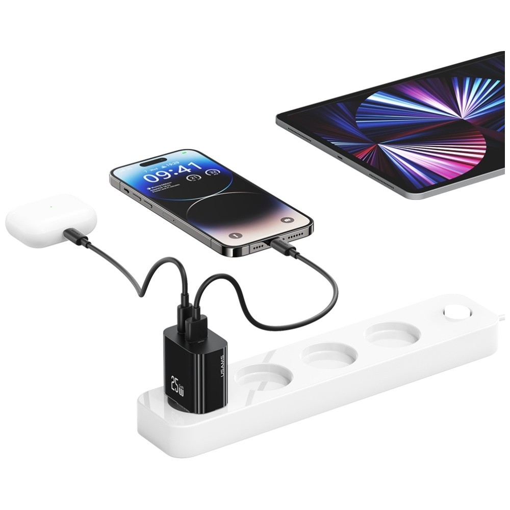 Mrežni polnilnik 25W, 1x USB-C + 1x USB-A (črn) 3