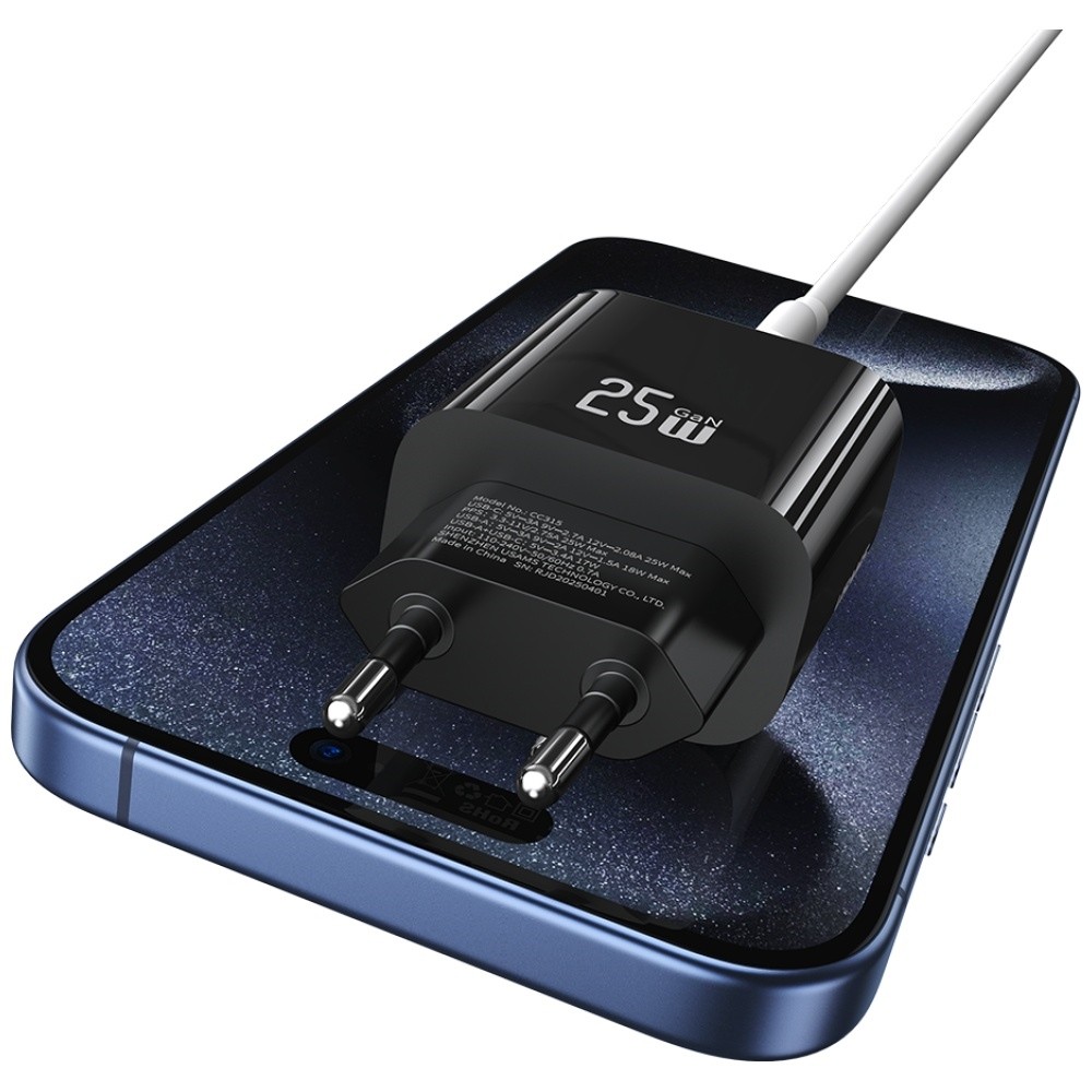Mrežni polnilnik 25W, 1x USB-C + 1x USB-A (črn) 5
