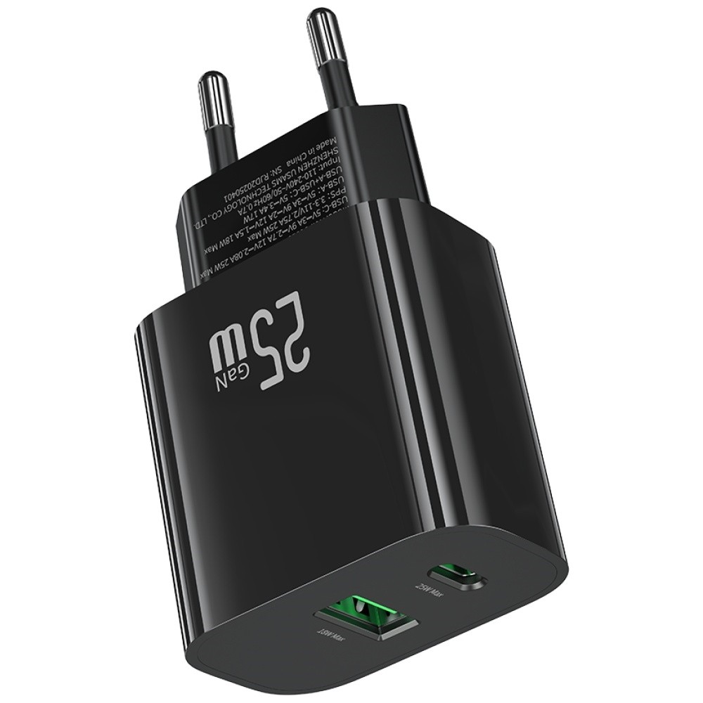 Mrežni polnilnik 25W, 1x USB-C + 1x USB-A (črn) 8