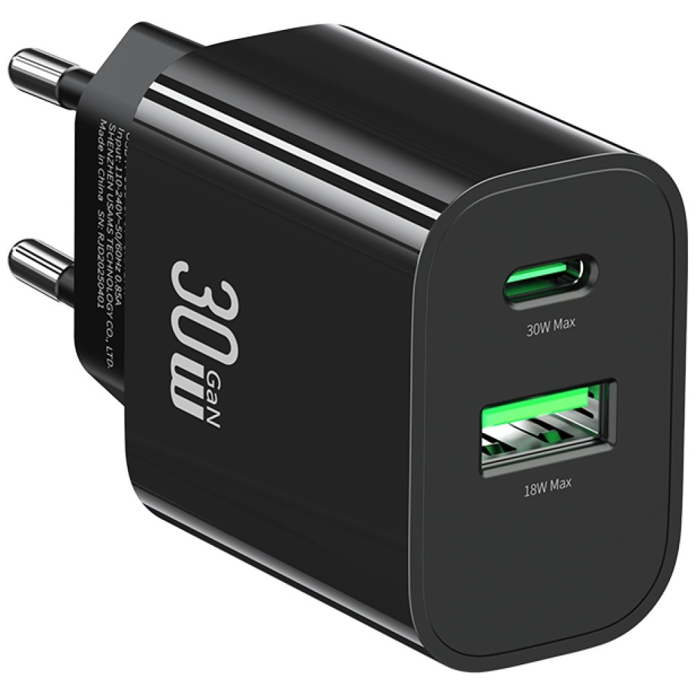 Mrežni polnilnik 30W, 1x USB-C + 1x USB-A (črn)