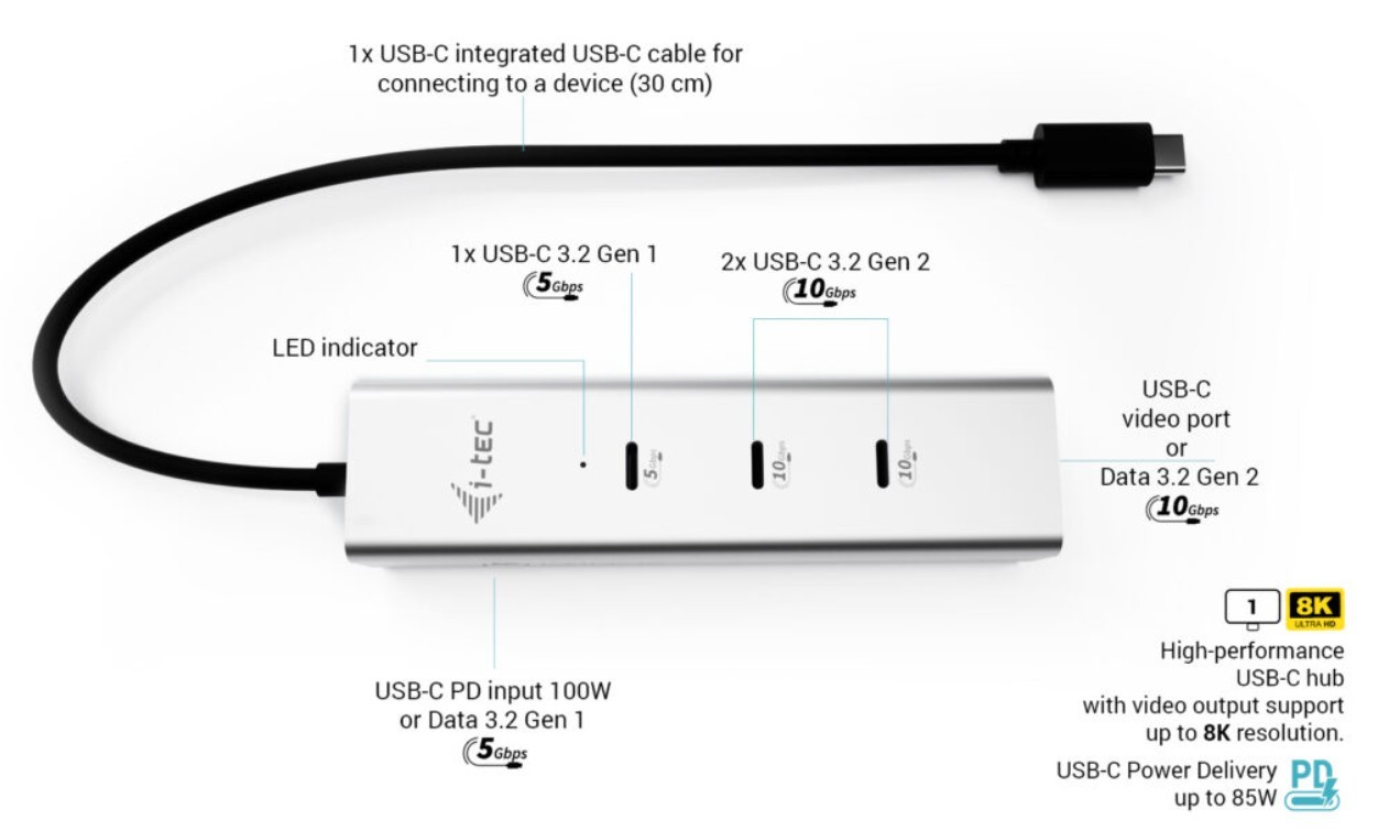 i-tec USB-C Hub Metal 5-port (8K video, PD 85W) 8
