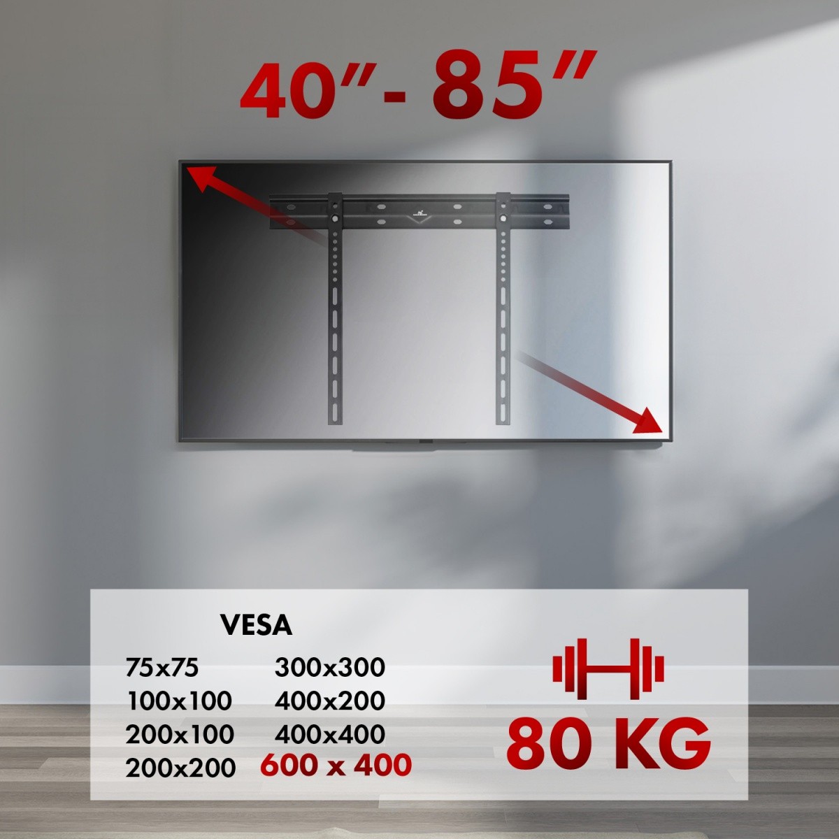 Ultra tanek stenski nosilec TV, VESA 600x400, 80kg 5