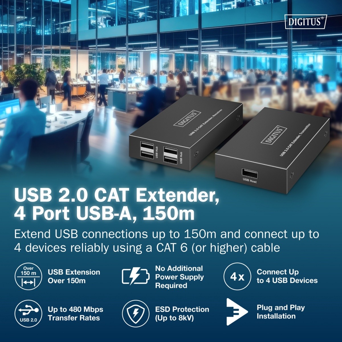 Podaljšek USB 2.0 preko UTP kat.6, do 150m, 4x USB-A, 1x RJ45 Gigabit 5