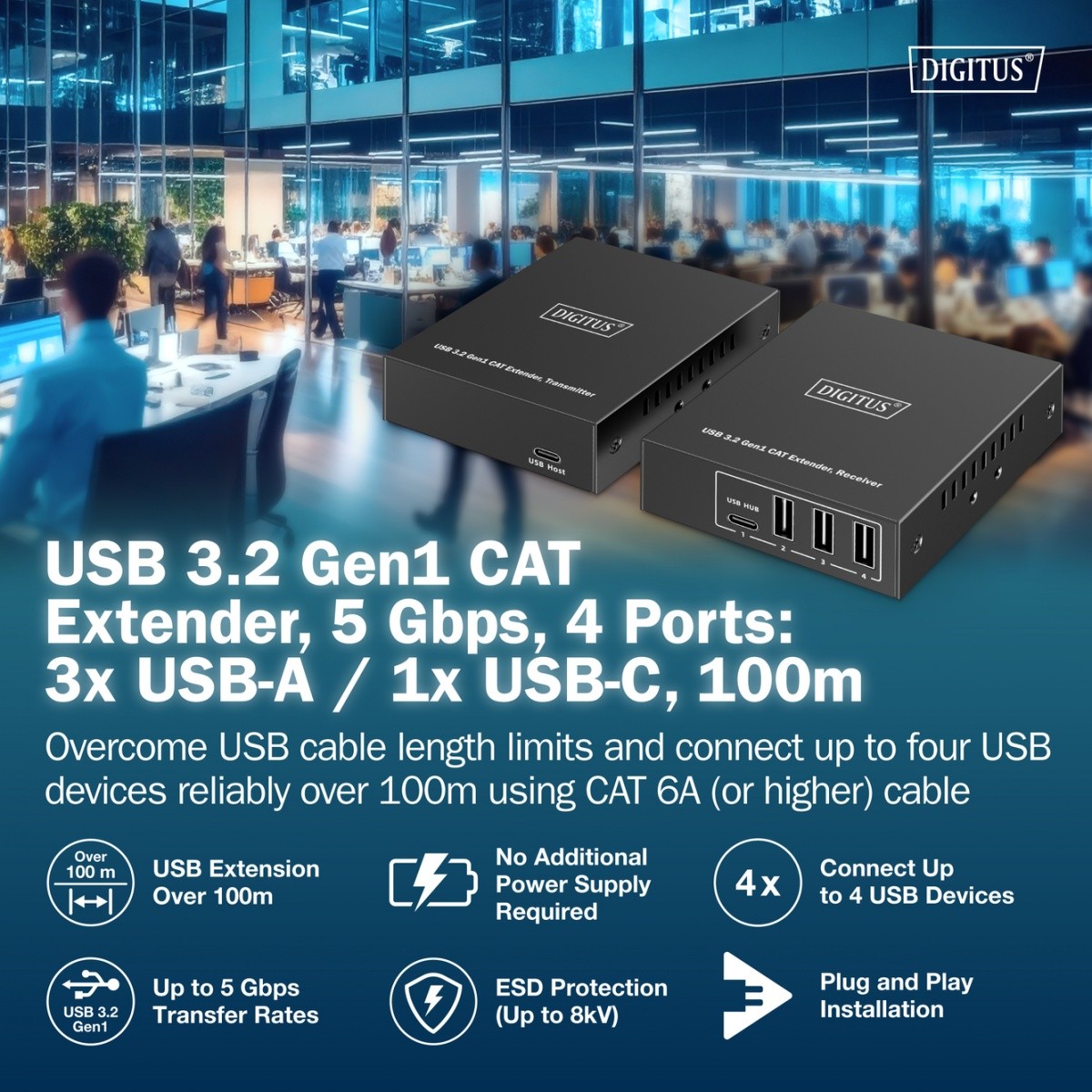 Podaljšek USB 3.1 Gen1 preko UTP kat.6A, do 100m, 3x USB-A, 1x USB-C, 1x RJ45 Gigabit 5