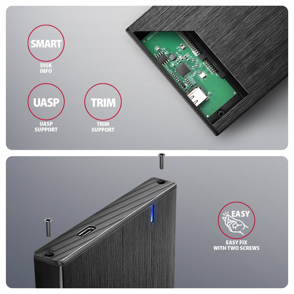 Aluminijasto ohišje za 2.5" SATA SSD/HDD, USB-C 3.2 Gen 1 6